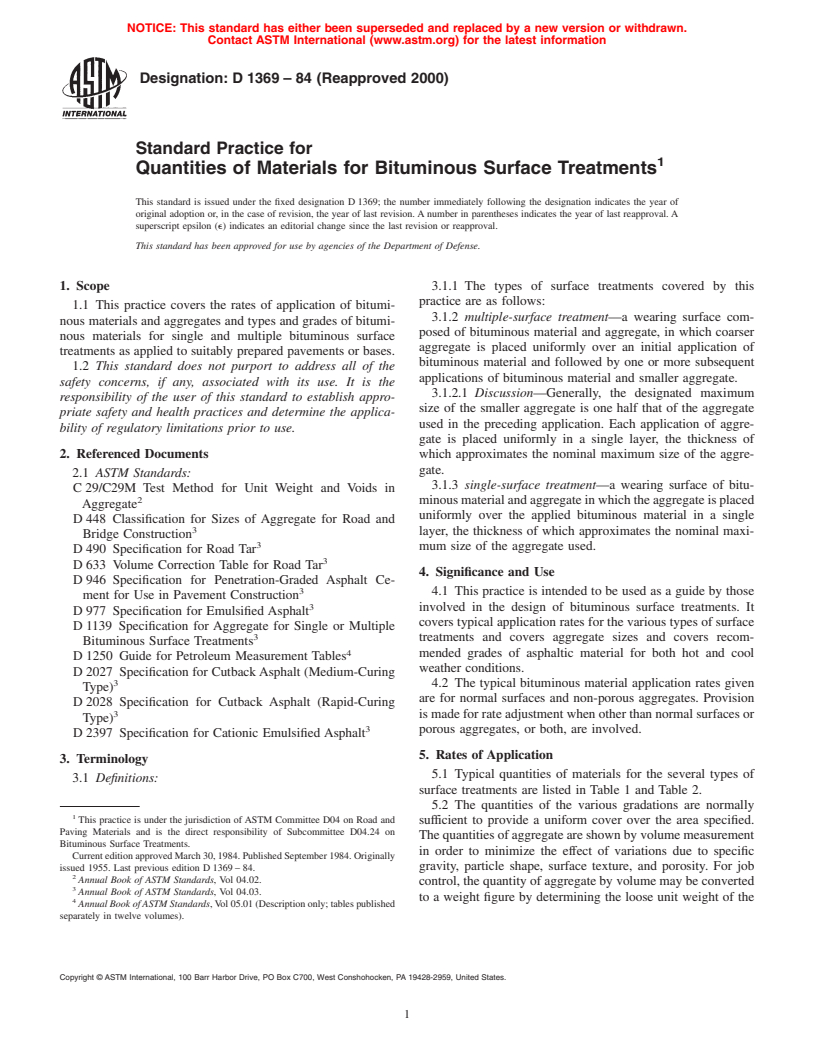 ASTM D1369-84(2000) - Standard Practice for Quantities of Materials for Bituminous Surface Treatments