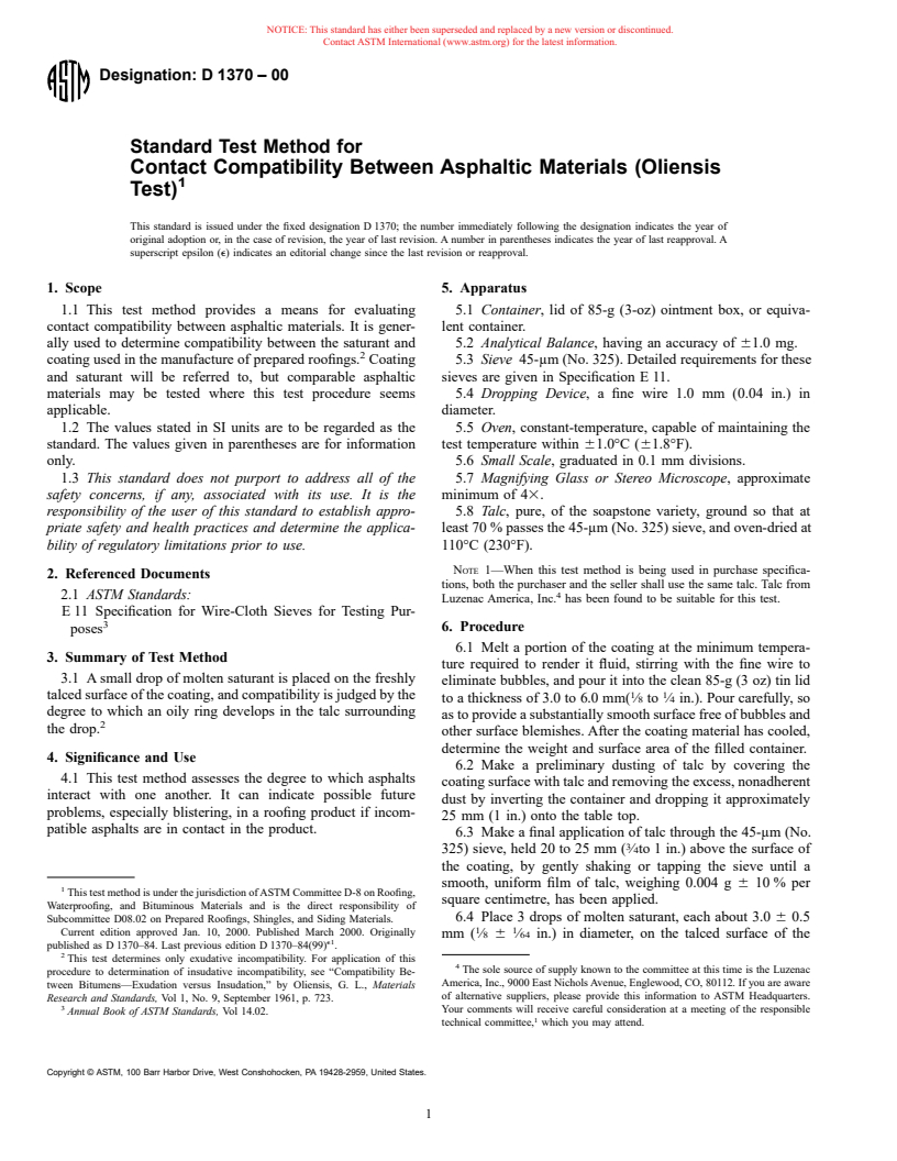 ASTM D1370-00 - Standard Test Method for Contact Compatibility Between Asphaltic Materials (Oliensis Test)