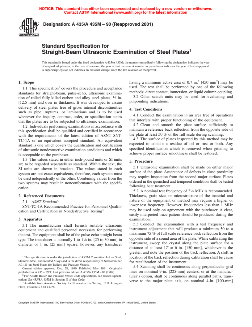 ASTM A435/A435M-90(2001) - Standard Specification for Straight-Beam Ultrasonic Examination of Steel Plates