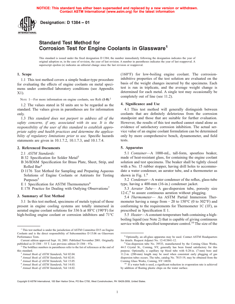 ASTM D1384-01 - Standard Test Method for Corrosion Test for Engine Coolants in Glassware