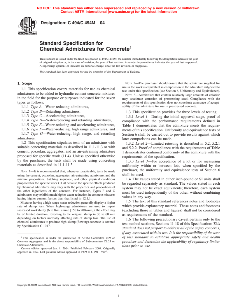 ASTM C494/C494M-04 - Standard Specification for Chemical Admixtures for Concrete