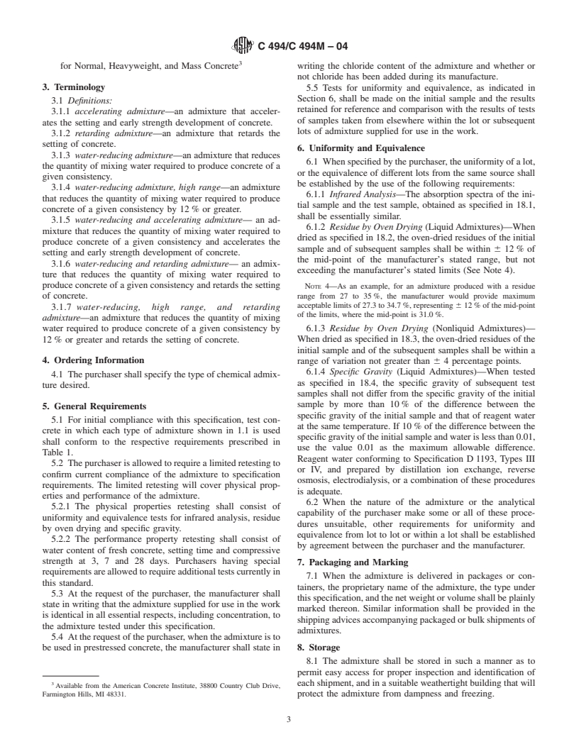 ASTM C494/C494M-04 - Standard Specification for Chemical Admixtures for Concrete