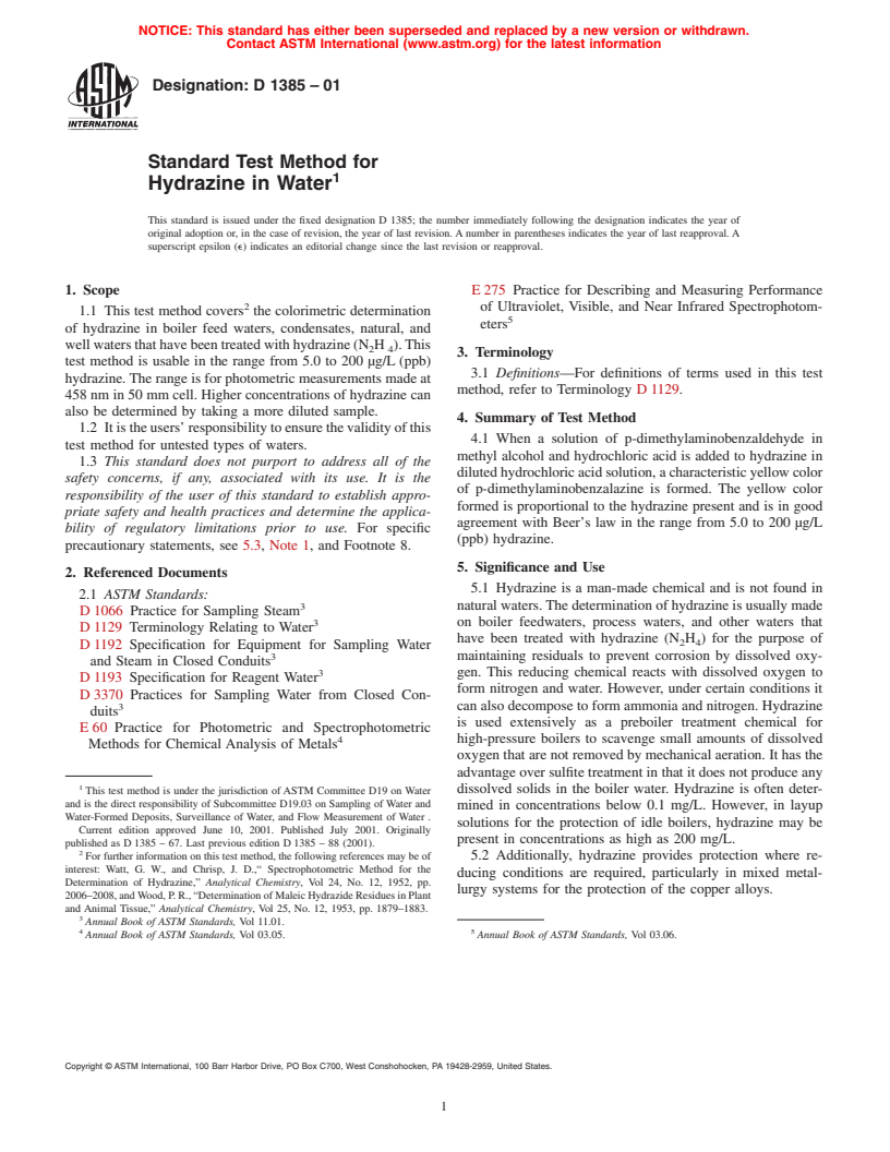 ASTM D1385-01 - Standard Test Method for Hydrazine in Water