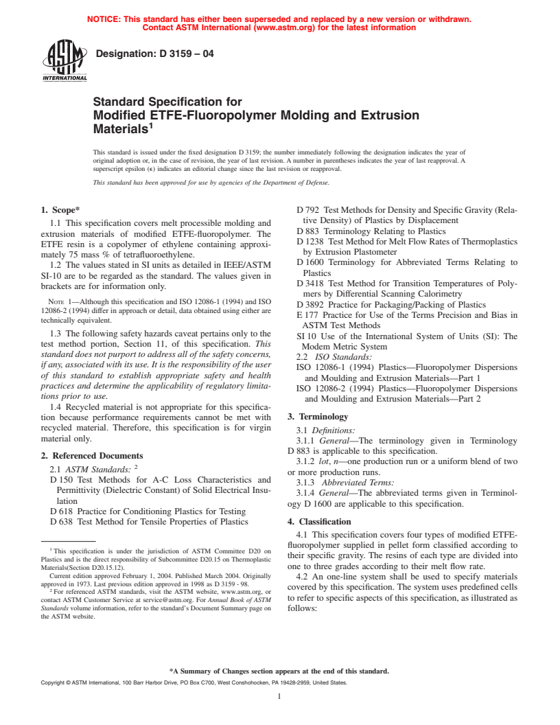 ASTM D3159-04 - Standard Specification for Modified ETFE-Fluoropolymer Molding and Extrusion Materials