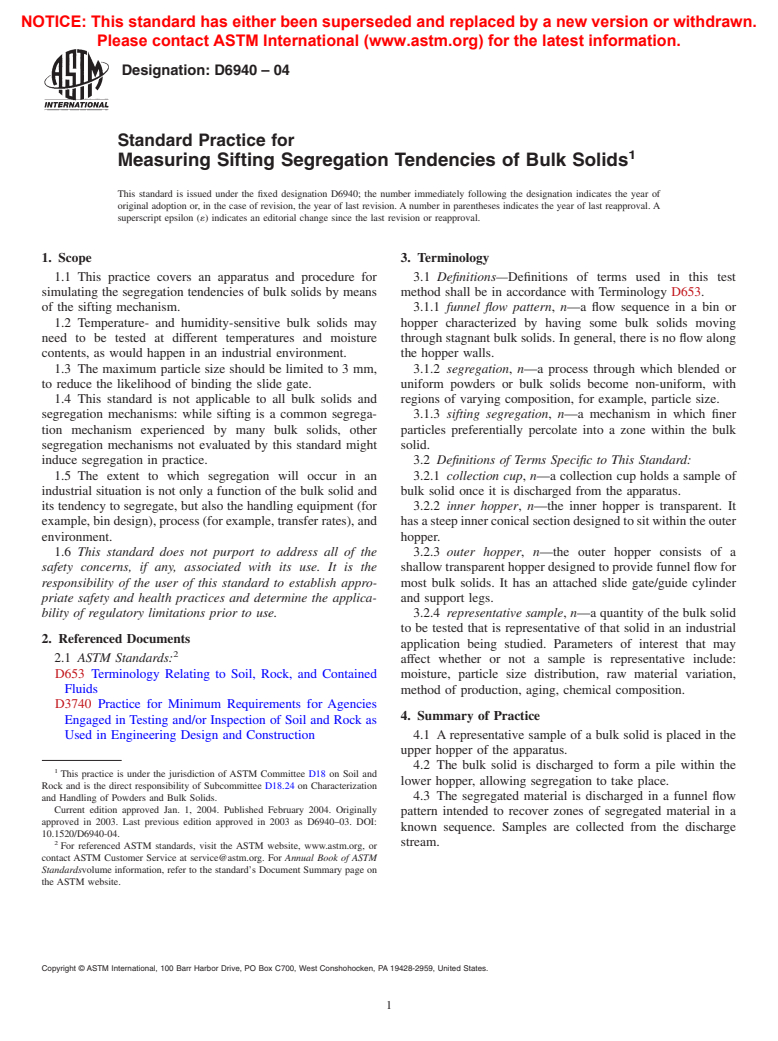 ASTM D6940-04 - Standard Practice for Measuring Sifting Segregation Tendencies of Bulk Solids
