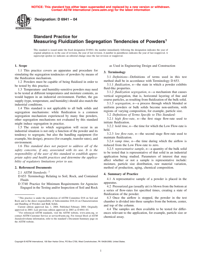 ASTM D6941-04 - Standard Practice for Measuring Fluidization Segregation Tendencies of Powders