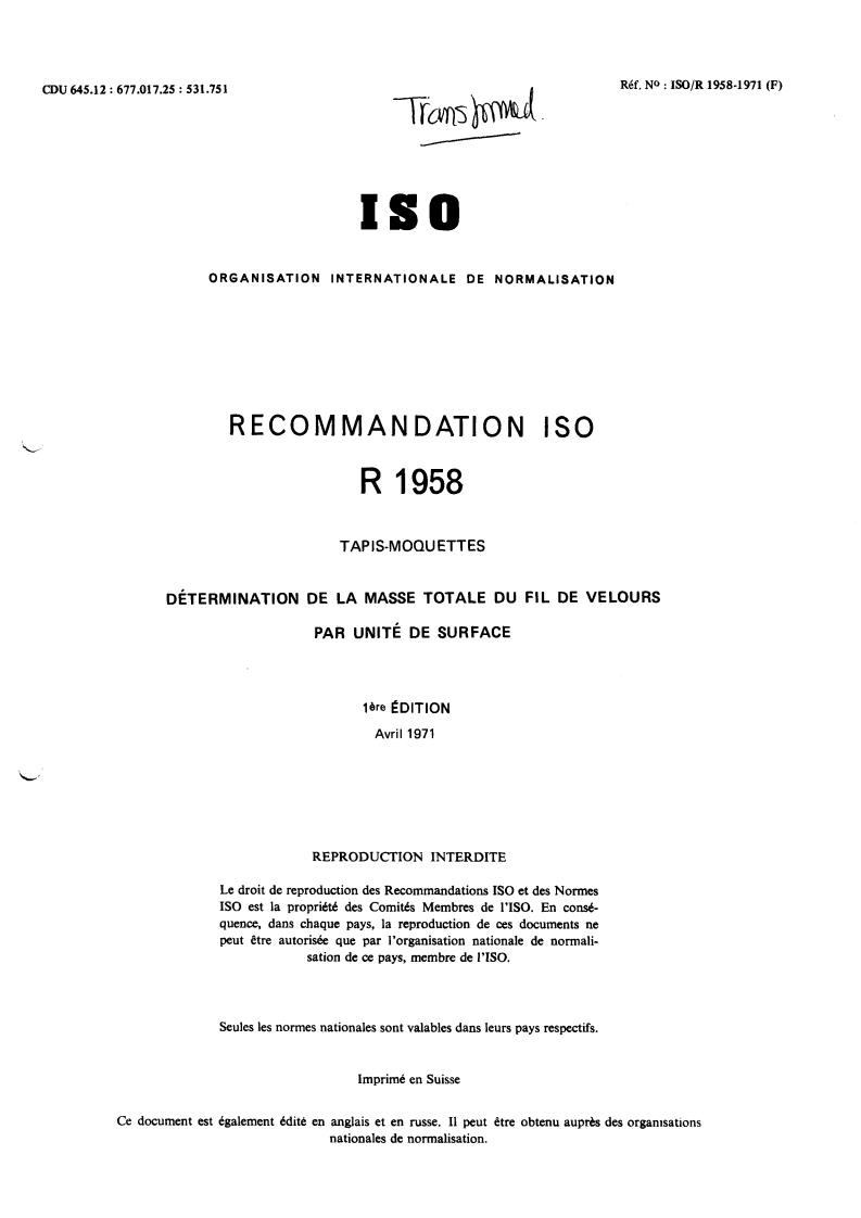 ISO/R 1958:1971 - Title missing - Legacy paper document
Released:1/1/1971