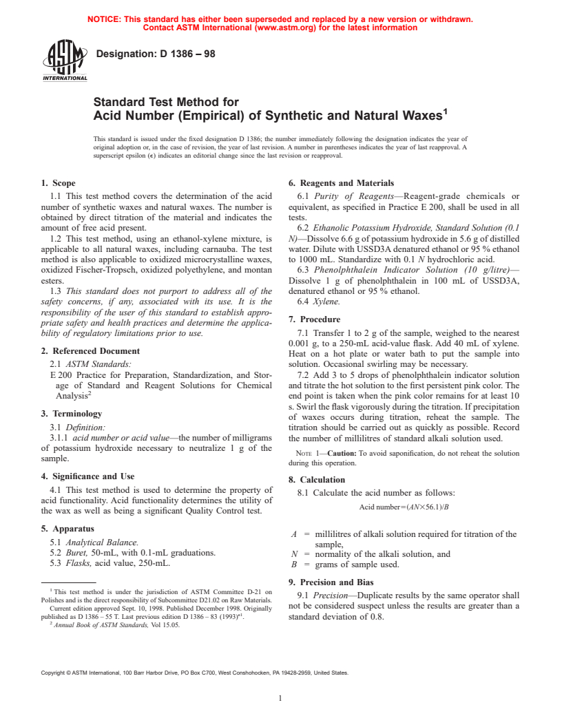 ASTM D1386-98 - Standard Test Method for Acid Number (Empirical) of Synthetic and Natural Waxes