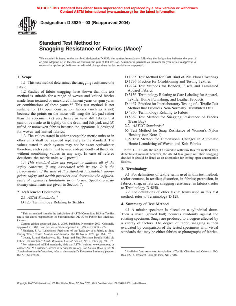 ASTM D3939-03(2004) - Standard Test Method for Snagging Resistance of Fabrics (Mace)