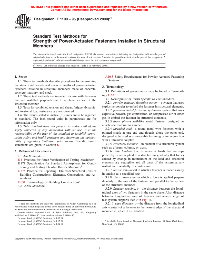 ASTM E1190-95(2000)e1 - Standard Test Methods for Strength of Power-Actuated Fasteners Installed in Structural Members