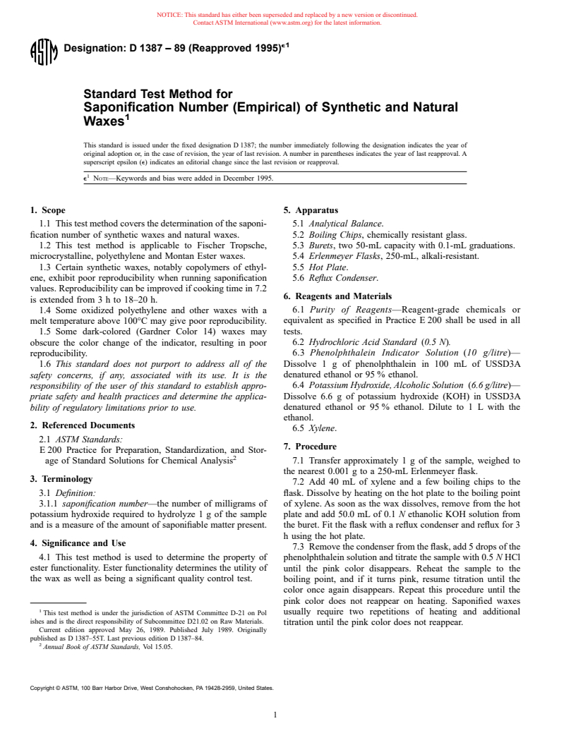 ASTM D1387-89(1995)e1 - Standard Test Method for Saponification Number (Empirical) of Synthetic and Natural Waxes