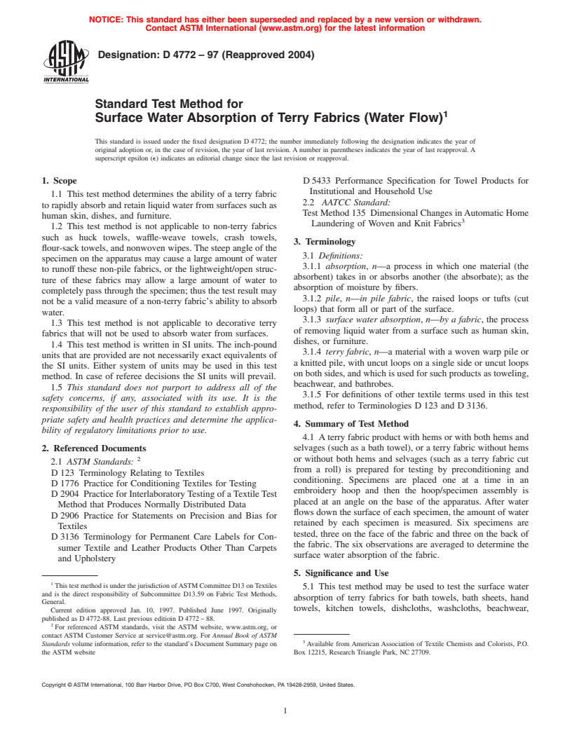 ASTM D4772-97(2004) - Standard Test Method for Surface Water Absorption of Terry Fabrics (Water Flow)