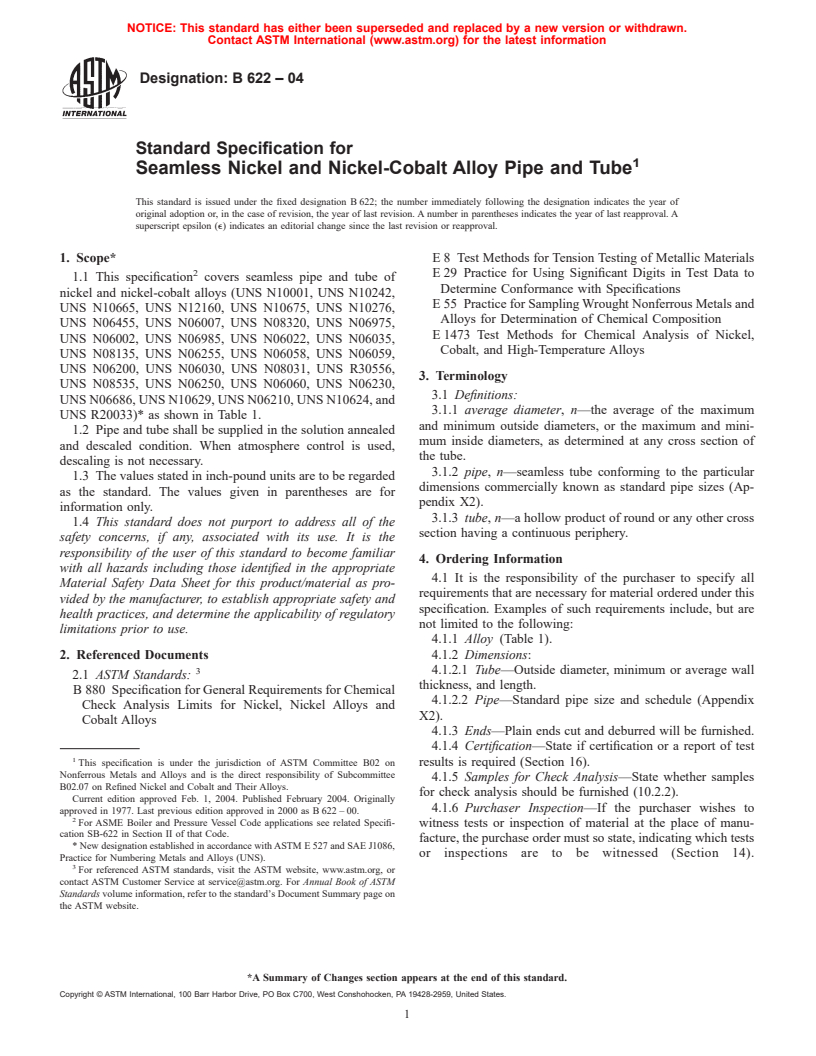 ASTM B622-04 - Standard Specification for Seamless Nickel and Nickel-Cobalt Alloy Pipe and Tube