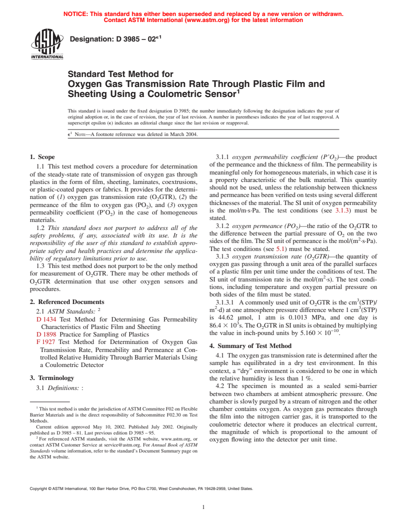 ASTM D3985-02e1 - Standard Test Method for Oxygen Gas Transmission Rate Through Plastic Film and Sheeting Using a Coulometric Sensor