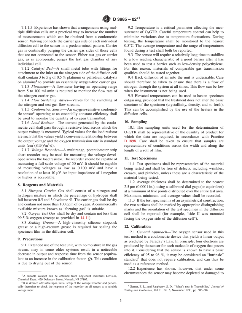 ASTM D3985-02e1 - Standard Test Method for Oxygen Gas Transmission Rate Through Plastic Film and Sheeting Using a Coulometric Sensor