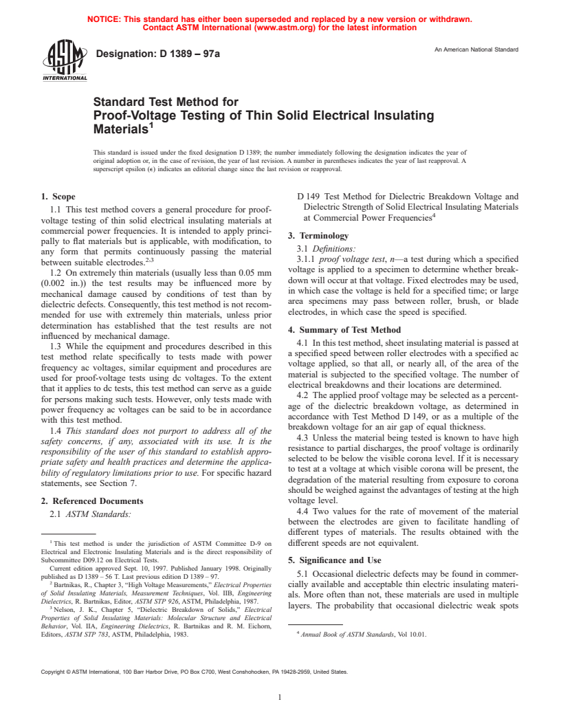 ASTM D1389-97a - Standard Test Method for Proof-Voltage Testing of Thin Solid Electrical Insulating Materials