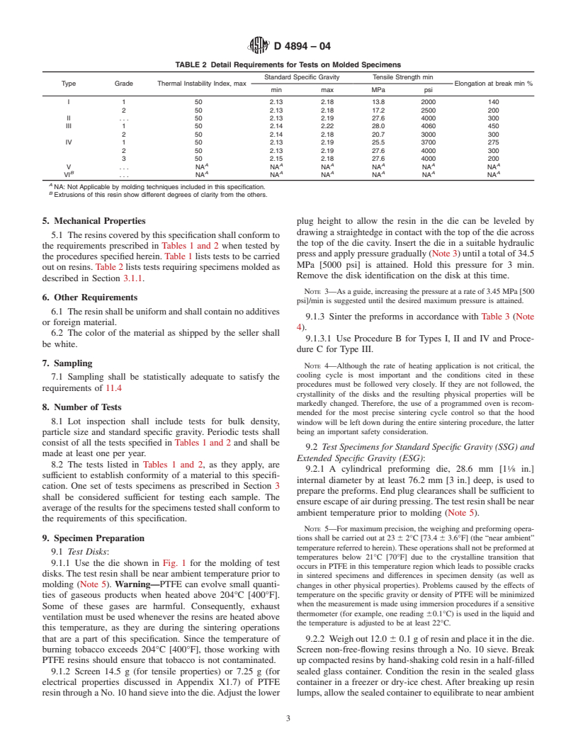 ASTM D4894-04 - Standard Specification for Polytetrafluoroethylene (PTFE) Granular Molding and Ram Extrusion Materials