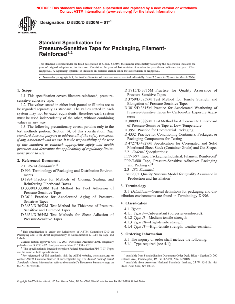 ASTM D5330/D5330M-01e1 - Standard Specification for Pressure-Sensitive Tape for Packaging, Filament- Reinforced