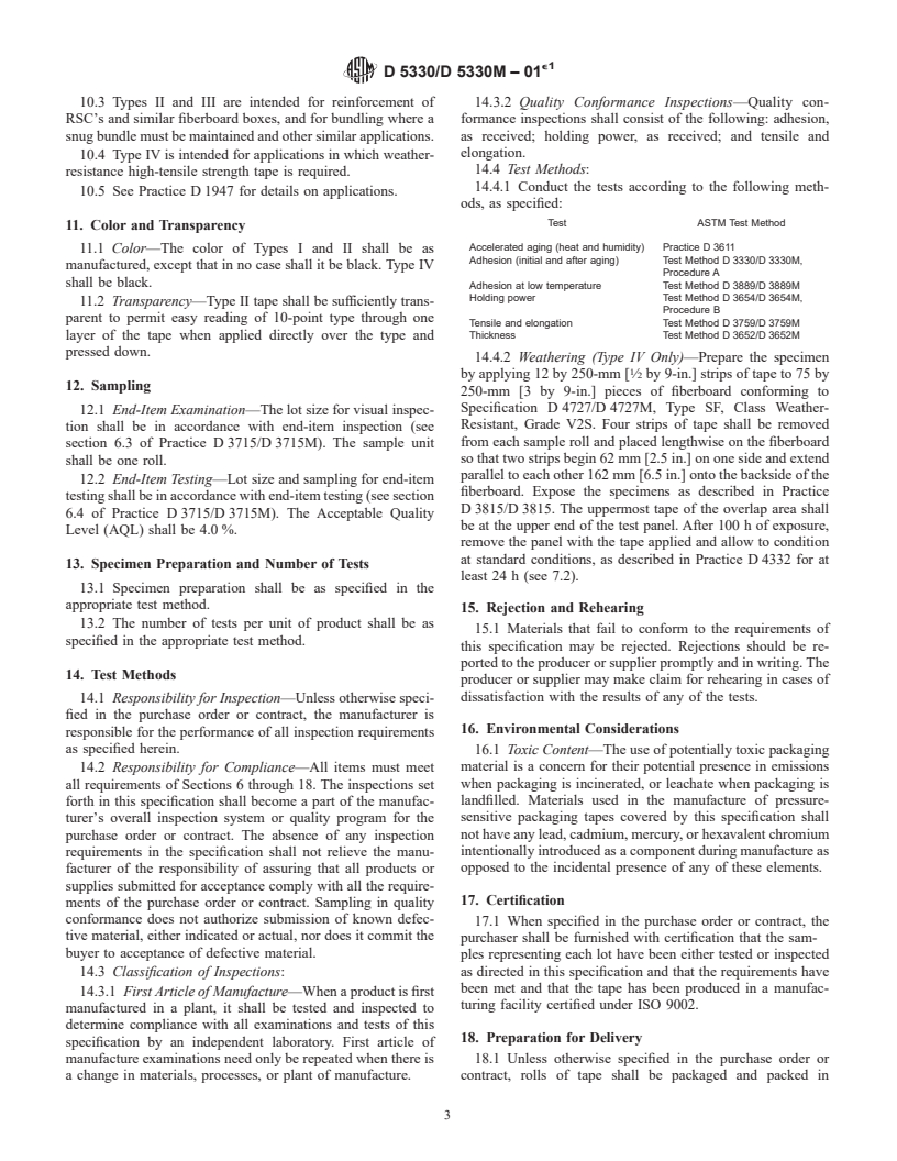 ASTM D5330/D5330M-01e1 - Standard Specification for Pressure-Sensitive Tape for Packaging, Filament- Reinforced