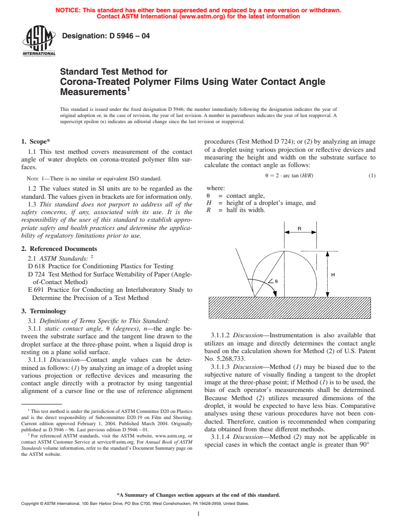 ASTM D5946-04 - Standard Test Method for Corona-Treated Polymer Films Using Water Contact Angle Measurements