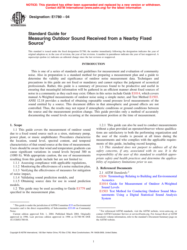 ASTM E1780-04 - Standard Guide for Measuring Outdoor Sound Received from a Nearby Fixed Source