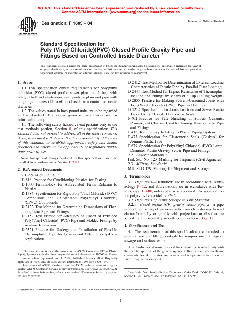 ASTM F1803-04 - Standard Specification for Poly (Vinyl Chloride)(PVC) Closed Profile Gravity Pipe and Fittings Based on Controlled Inside Diameter