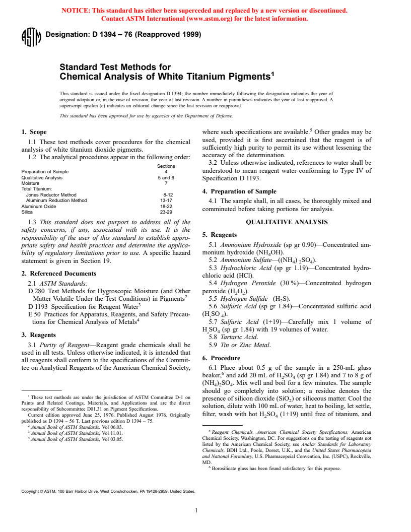 ASTM D1394-76(1999) - Standard Test Methods for Chemical Analysis of White Titanium Pigments