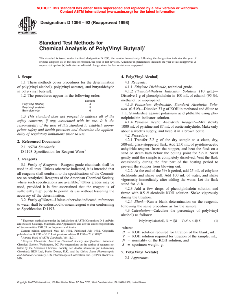 ASTM D1396-92(1998) - Standard Test Methods for Chemical Analysis of Poly(Vinyl Butyral) (Withdrawn 2007)