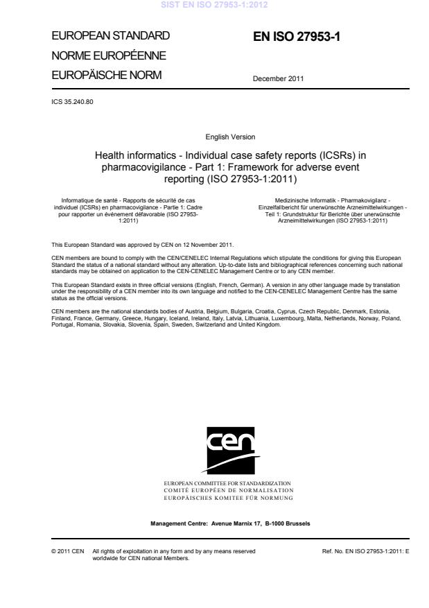 EN ISO 27953-1:2012 - PAZI: ISO na CD-romu! SIST standard je v PDF-obliki sestavljen samo iz CEN dokumenta in 3 strani ISO dokumenta. ISO/HL7 27953-1:2011 je v elektronski obliki, zip-file (html-oblika). ISO dokument je potrebno dodati na CD-romu. Število strani velja za celoten  (skupaj z CEN-3 strani in ISO dokumentom-597 strani)