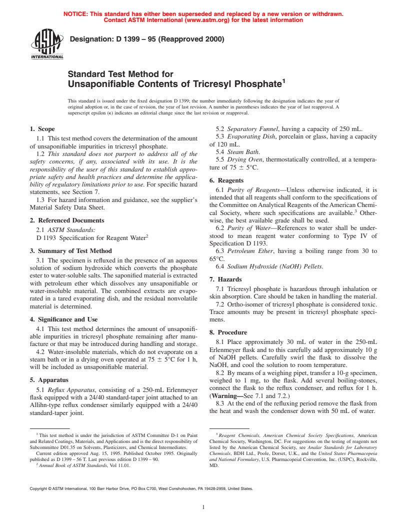 ASTM D1399-95(2000) - Standard Test Method for Unsaponifiable Contents of Tricresyl Phosphate (Withdrawn 2005)