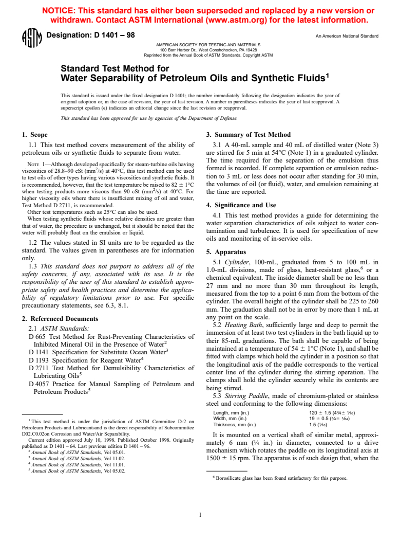 ASTM D1401-98 - Standard Test Method for Water Separability of Petroleum Oils and Synthetic Fluids