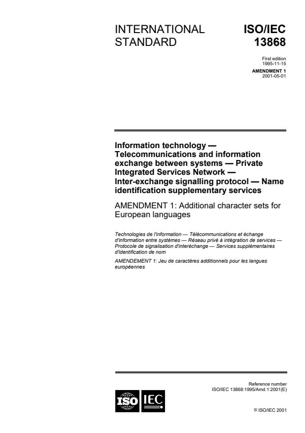 ISO/IEC 13868:1995/Amd 1:2001 - Additional character sets for European languages