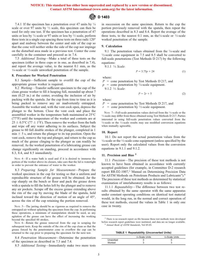 ASTM D1403-97 - Standard Test Methods for Cone Penetration of Lubricating Grease Using One-Quarter and One-Half Scale Cone Equipment