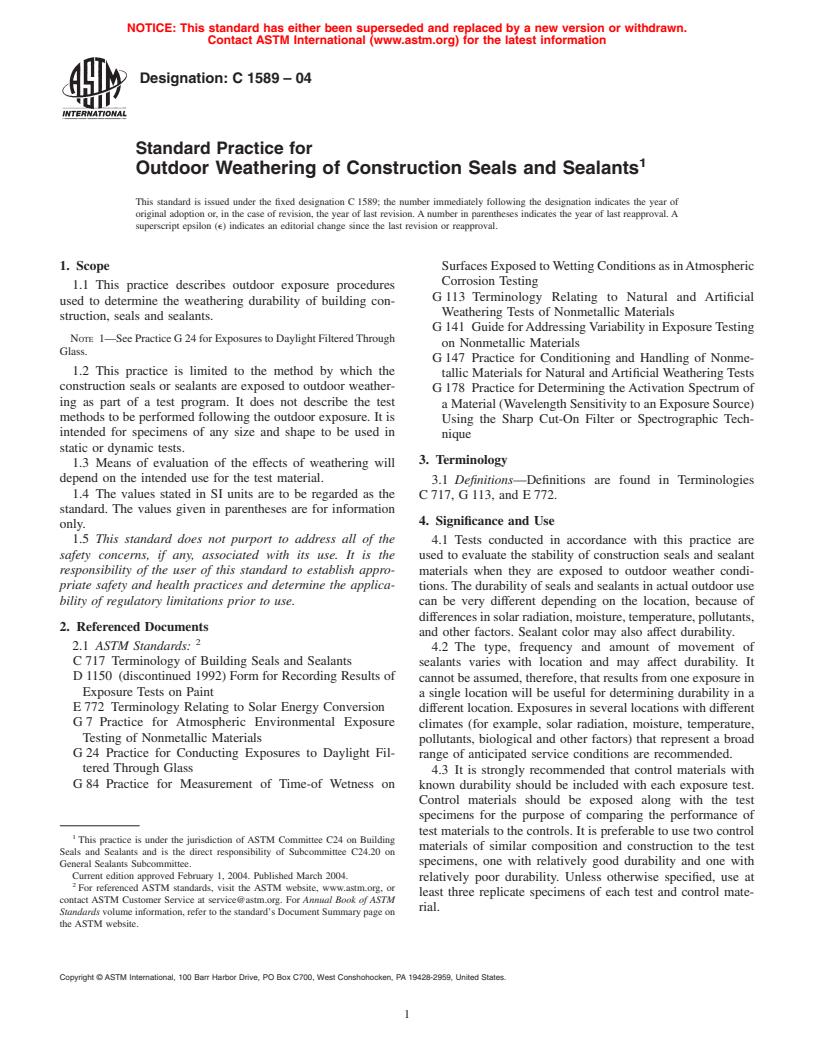 ASTM C1589-04 - Standard Practice for Outdoor Weathering of Construction Seals and Sealants