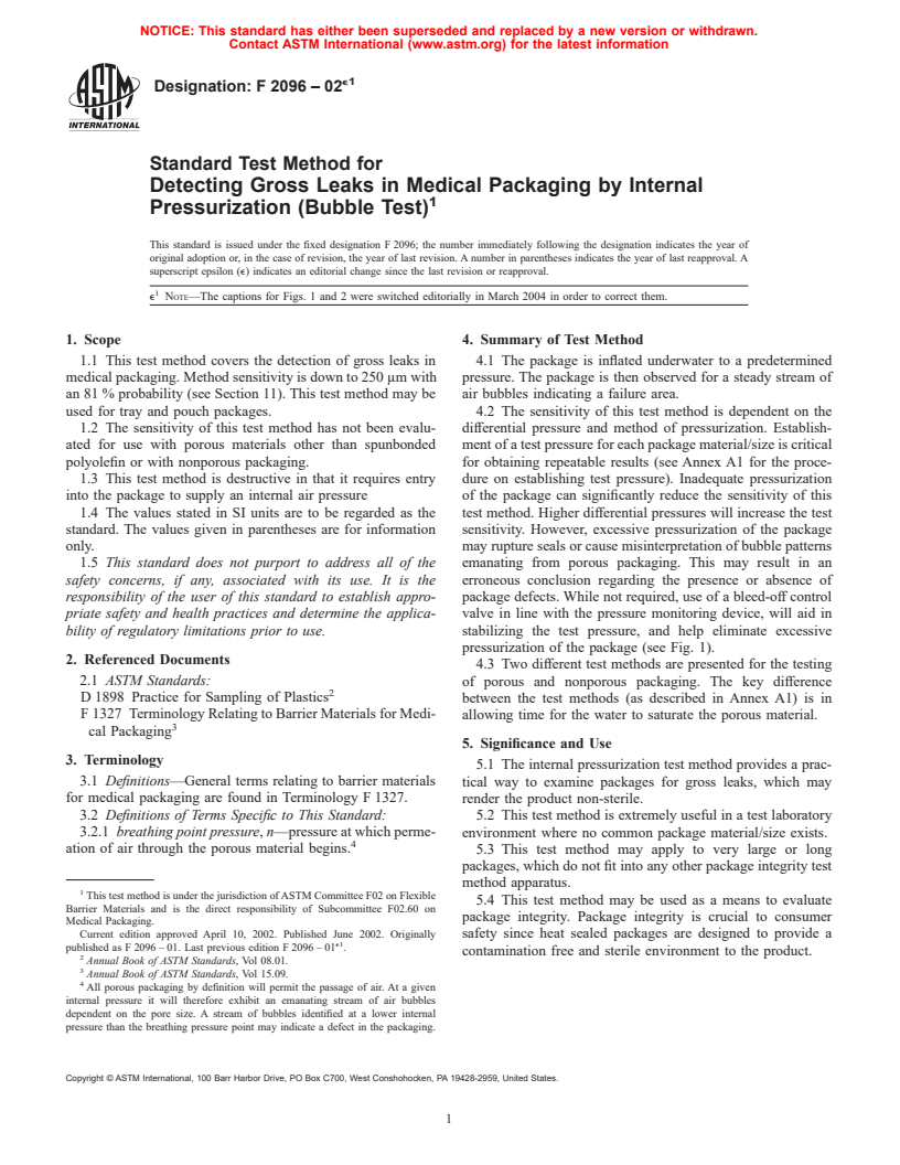 ASTM F2096-02e1 - Standard Test Method for Detecting Gross Leaks in Medical Packaging by Internal Pressurization (Bubble Test)