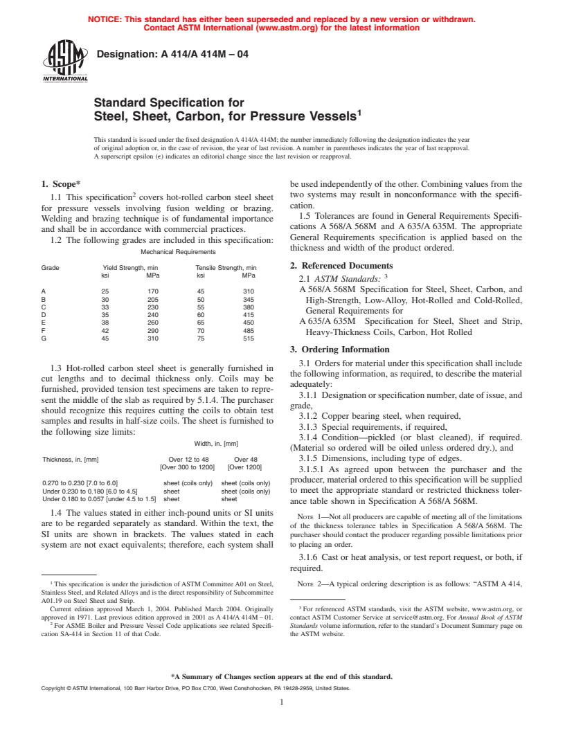 ASTM A414/A414M-04 - Standard Specification for Steel, Sheet, Carbon, for Pressure Vessels