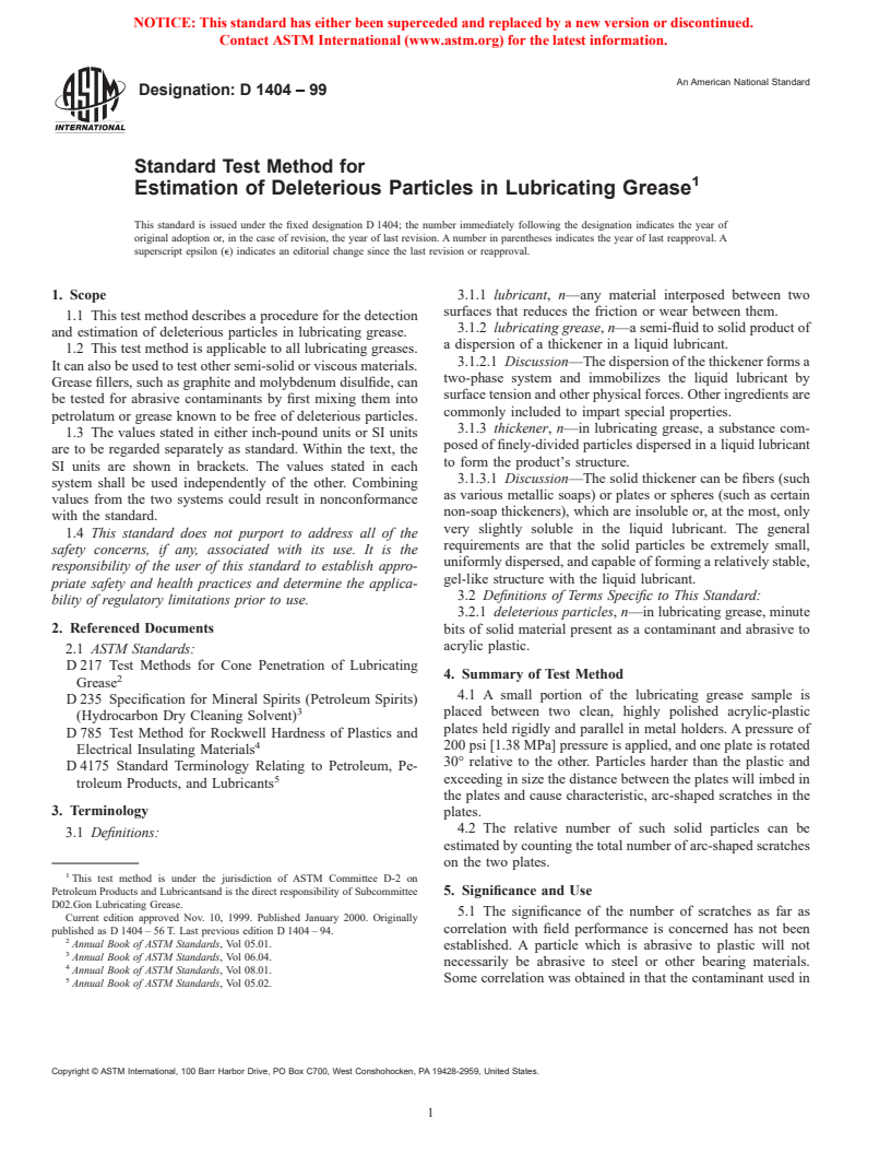 ASTM D1404-99 - Standard Test Method for Estimation of Deleterious Particles in Lubricating Grease