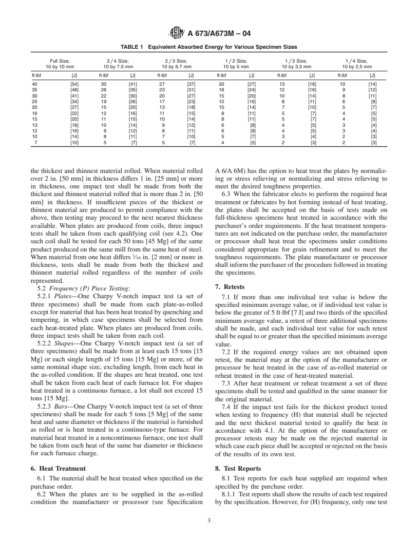 ASTM A673/A673M-04 - Standard Specification for Sampling Procedure for Impact Testing of Structural Steel