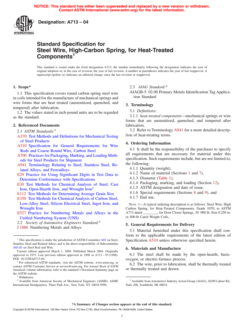 ASTM A713-04 - Standard Specification for Steel Wire, High-Carbon Spring, for Heat-Treated Components