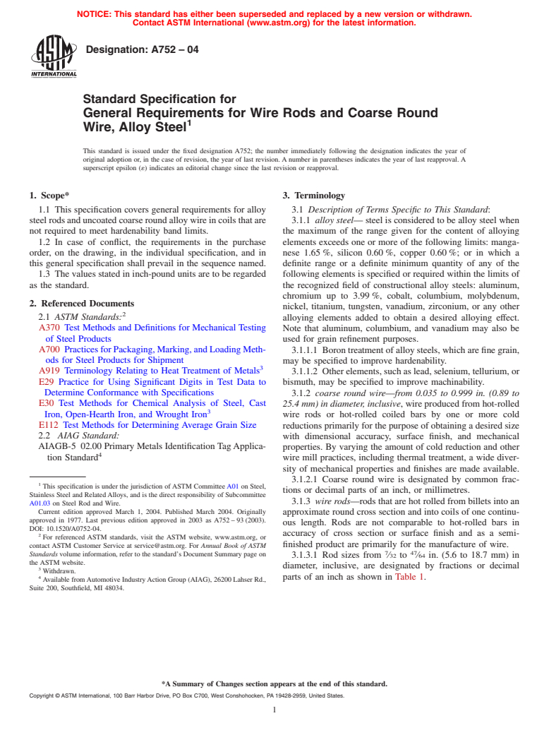 ASTM A752-04 - Standard Specification for General Requirements for Wire Rods and Coarse Round Wire, Alloy Steel