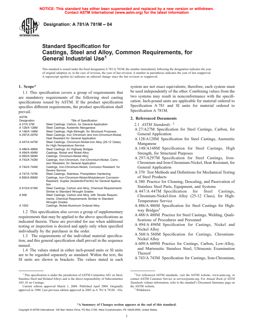 ASTM A781/A781M-04 - Standard Specification for Castings, Steel and Alloy, Common Requirements, for General Industrial Use