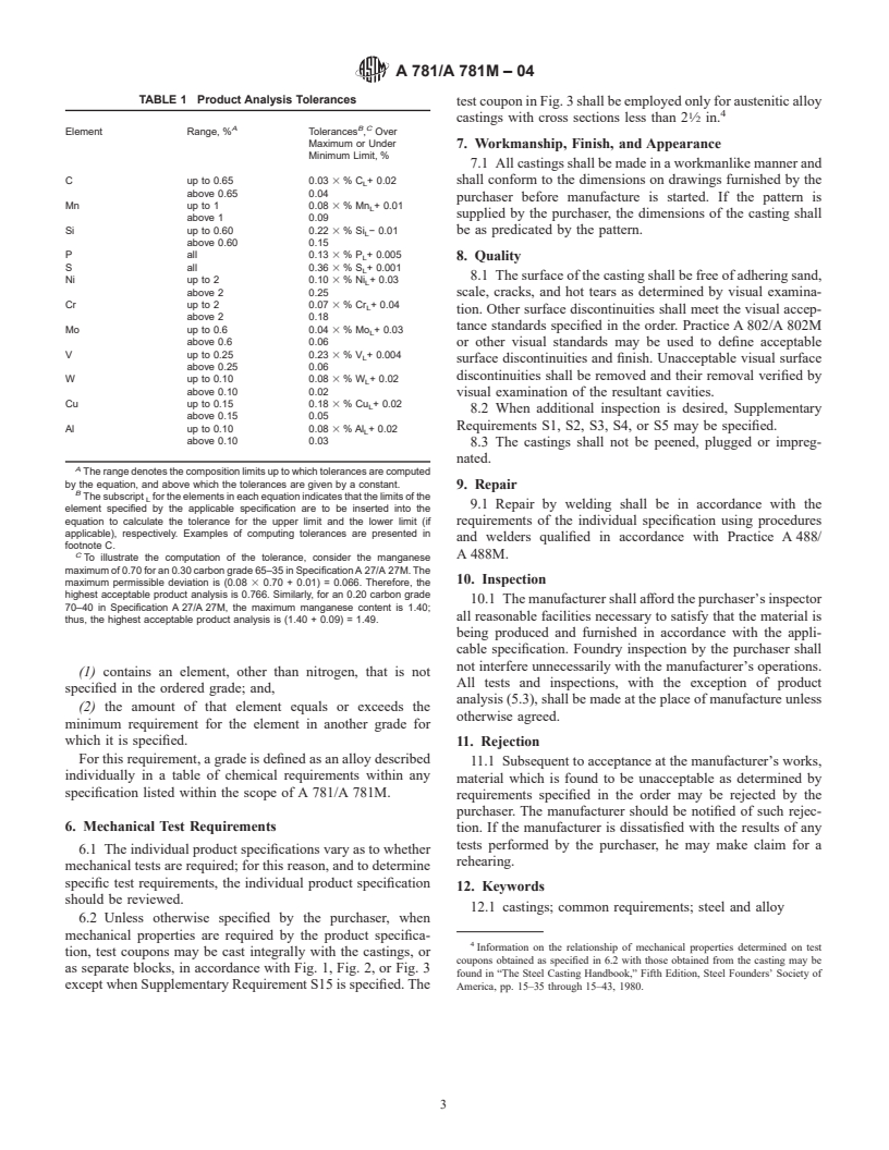 ASTM A781/A781M-04 - Standard Specification for Castings, Steel and Alloy, Common Requirements, for General Industrial Use