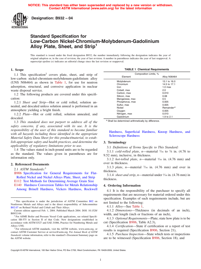 ASTM B932-04 - Standard Specification For Low-Carbon Nickel-Chromium ...