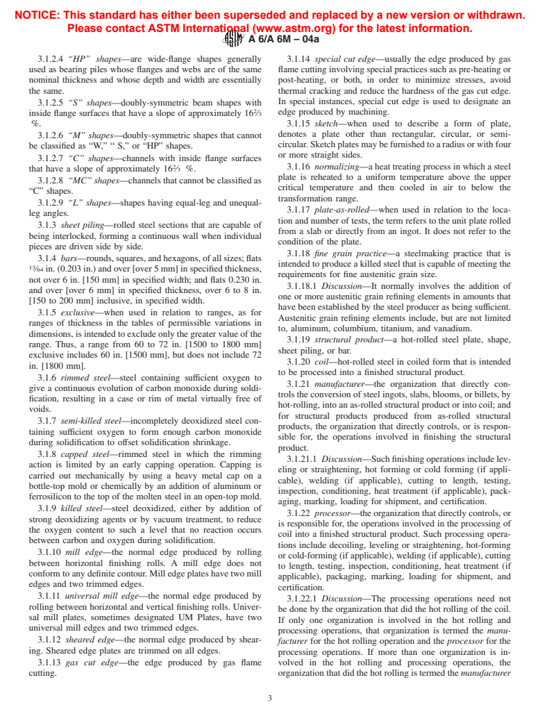 ASTM A6/A6M-04a - Standard Specification for General Requirements for Rolled Structural Steel Bars, Plates, Shapes, and Sheet Piling