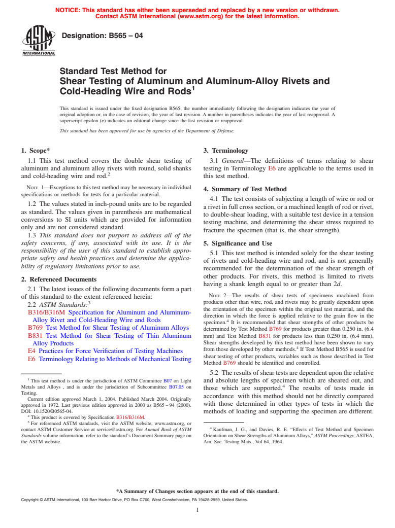 ASTM B565-04 - Standard Test Method for Shear Testing of Aluminum and Aluminum-Alloy Rivets and Cold-Heading Wire and Rods