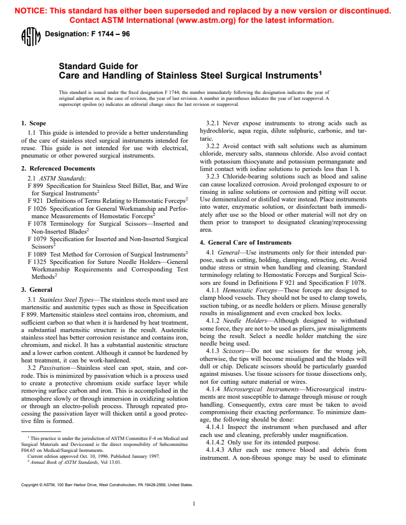 ASTM F1744-96 - Standard Guide for Care and Handling of Stainless Steel Surgical Instruments