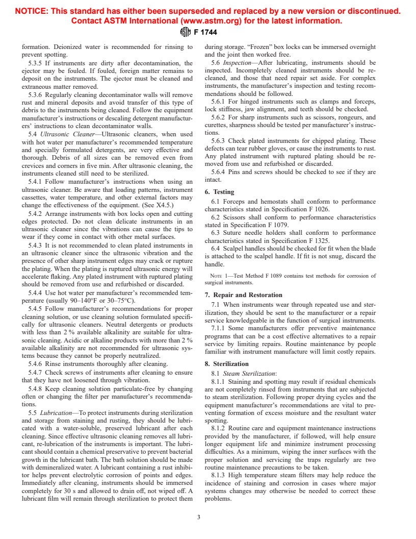 ASTM F1744-96 - Standard Guide for Care and Handling of Stainless Steel Surgical Instruments