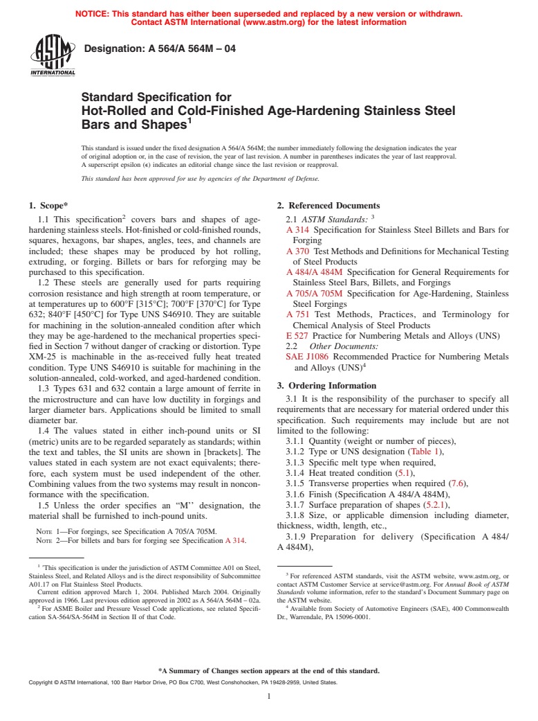 ASTM A564/A564M-04 - Standard Specification for Hot-Rolled and Cold-Finished Age-Hardening Stainless Steel Bars and Shapes