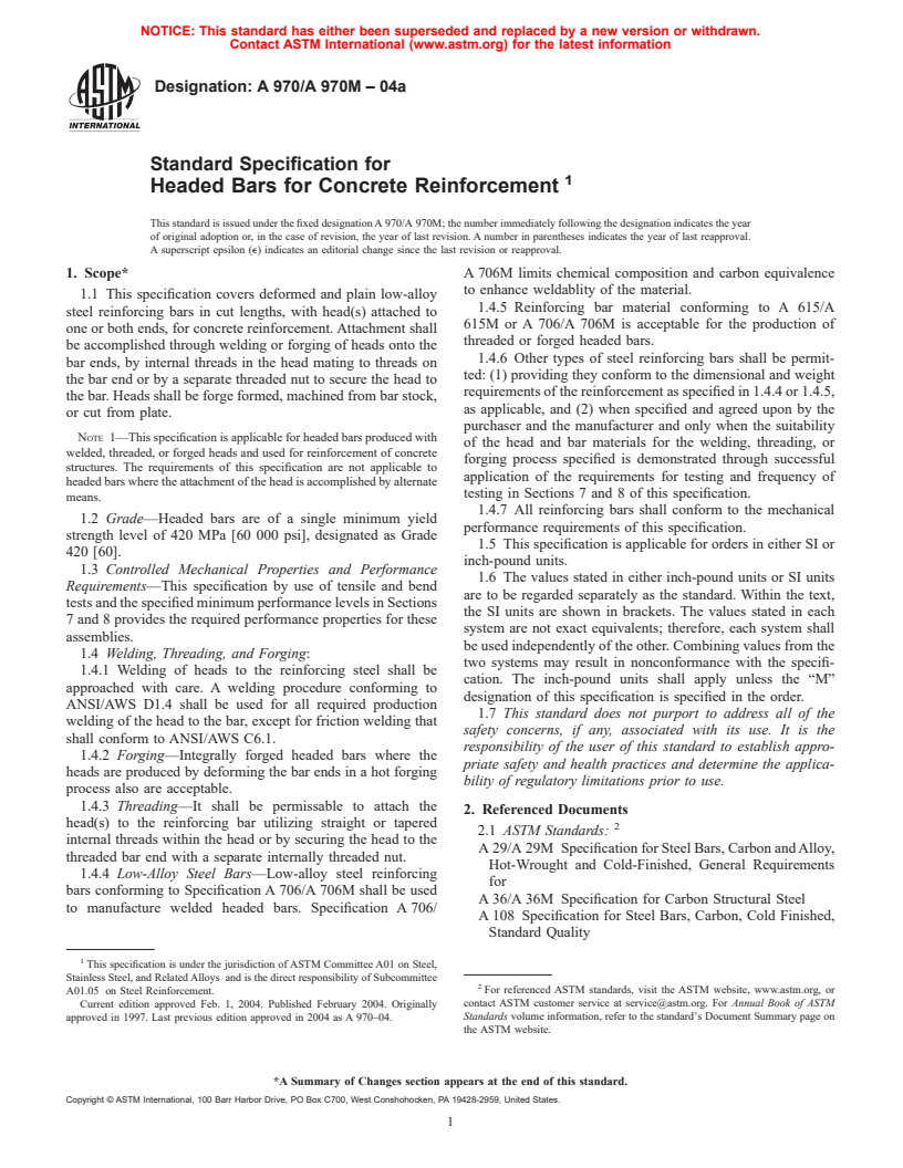 ASTM A970/A970M-04a - Standard Specification for Headed Steel Bars for Concrete Reinforcement