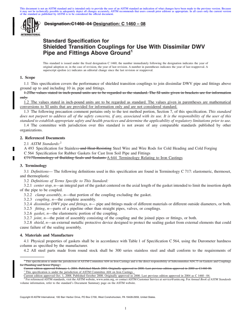 REDLINE ASTM C1460-08 - Standard Specification for Shielded Transition Couplings for Use With Dissimilar DWV Pipe and Fittings Above Ground